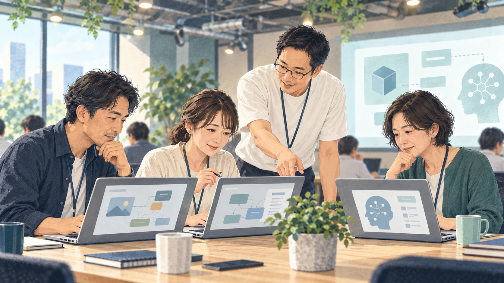 AIアプリ開発1DAY集中研修のイラスト。白いTシャツの講師と参加者が学ぶ様子
